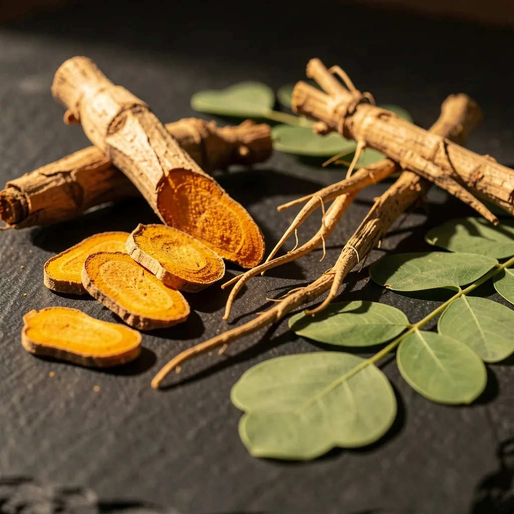 Dried botanical ingredients on a dark surface