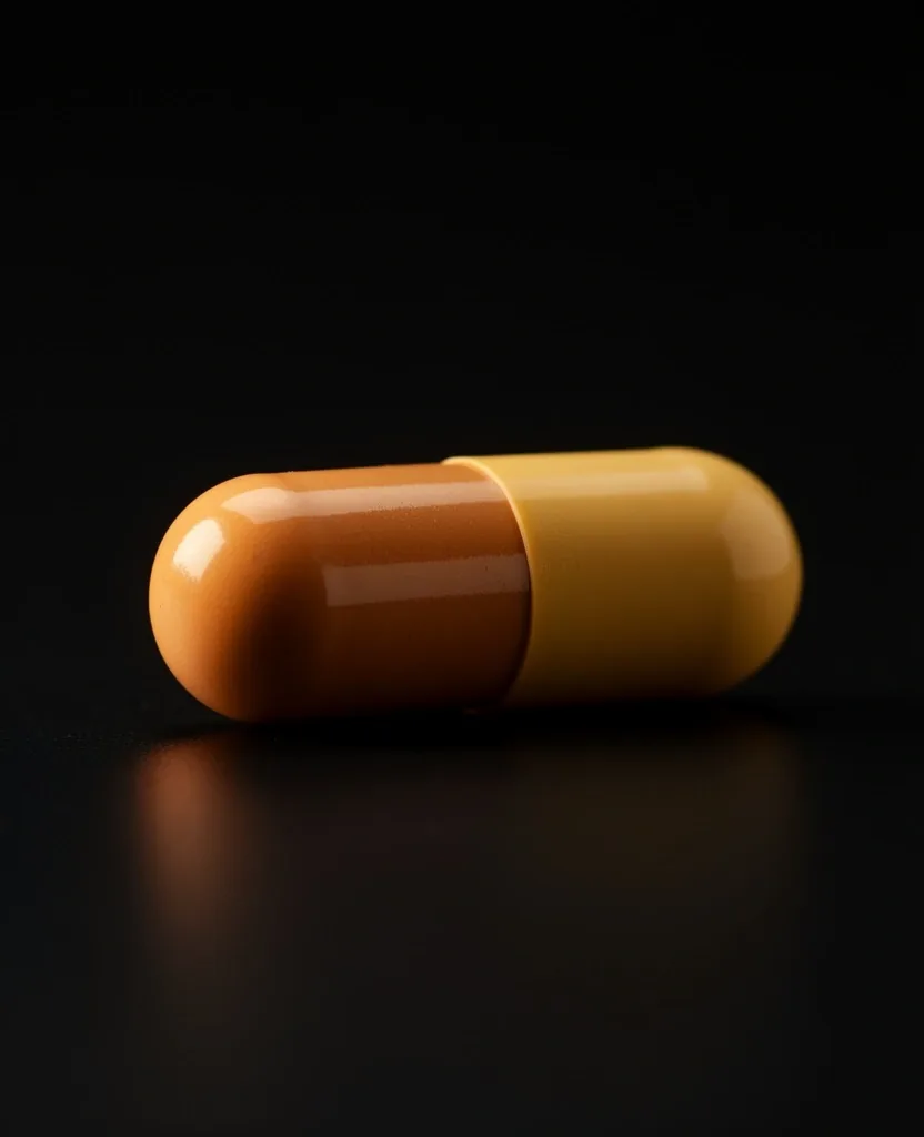 A single supplement capsule photographed in macro detail on a dark surface