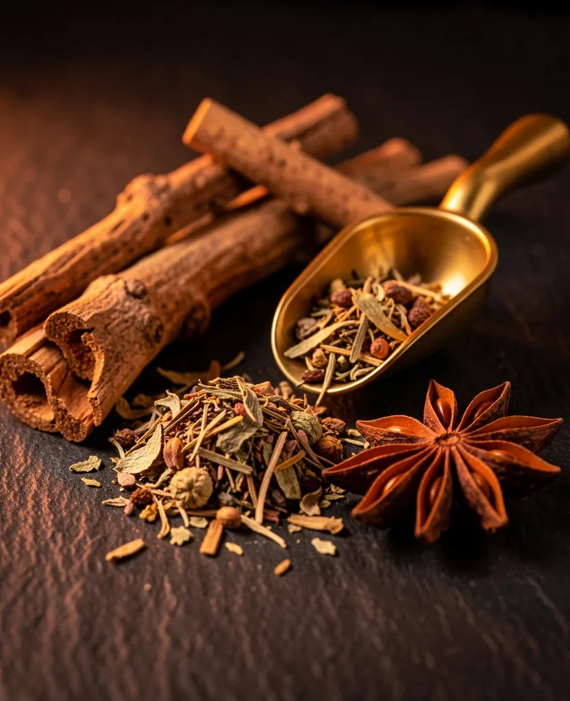 Dried herbs and roots arranged on a dark surface