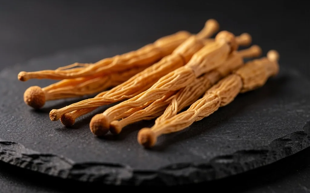 Dried Cordyceps medicinal mushroom specimens on a dark surface