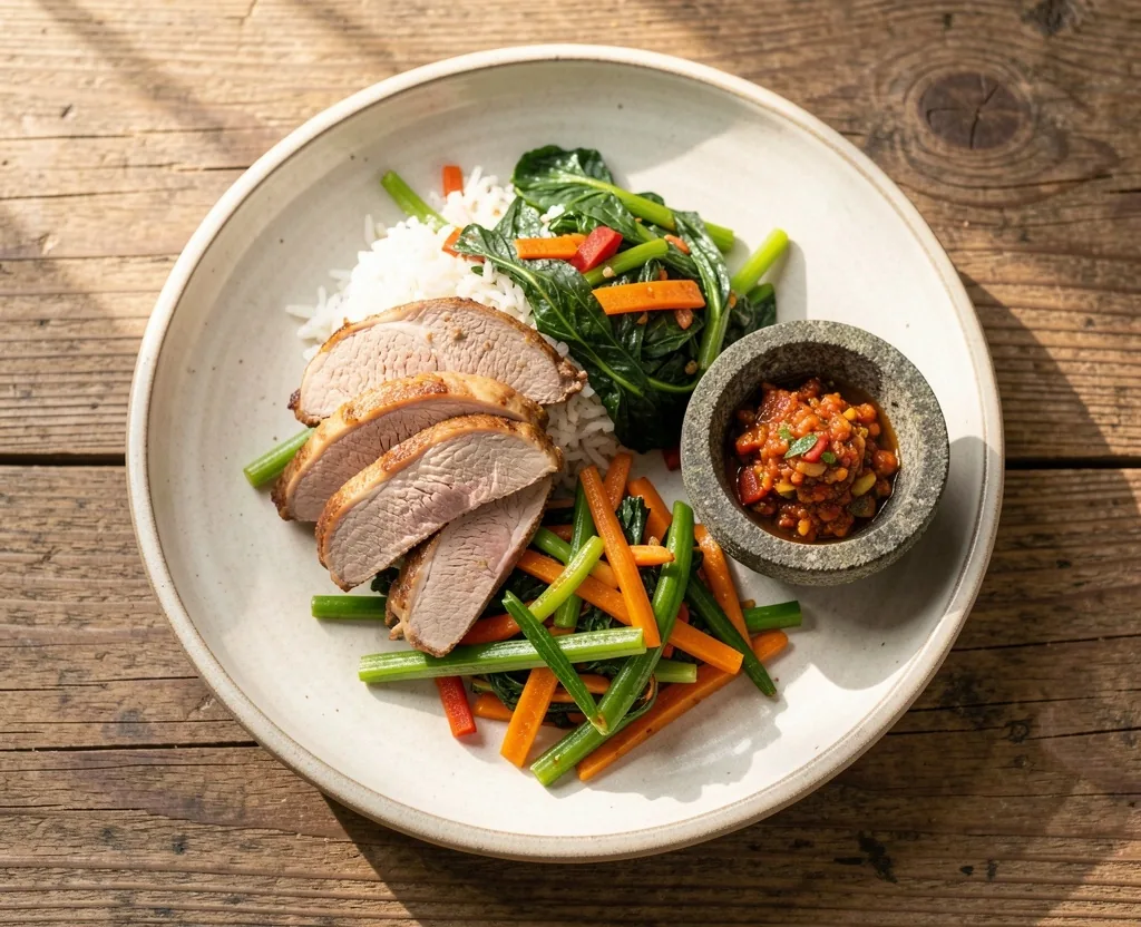 Balanced whole-food meal representing the foundation of a men's wellness routine
